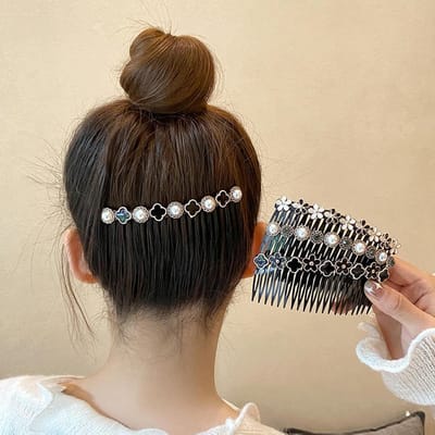 Elegante Haarspeld met Klaver Motief en Kralen - Zwarte Bruidshaaraccessoire