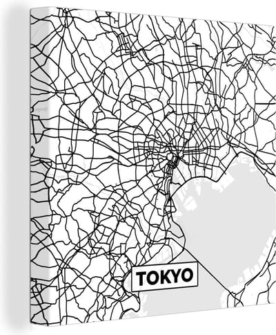 Canvas Schilderij Kaart - Tokyo - Stadskaart - Zwart Wit - Plattegrond - 20x20 cm - Wanddecoratie