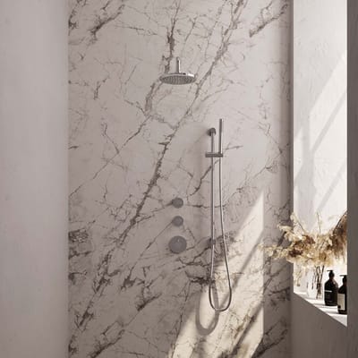Brauer Chrome Carving thermostatische inbouw regendouche SET 15 met 20 cm douchekop en gebogen muurarm en staaf handdouche en doucheslang en geïntegreerde glijstang chroom