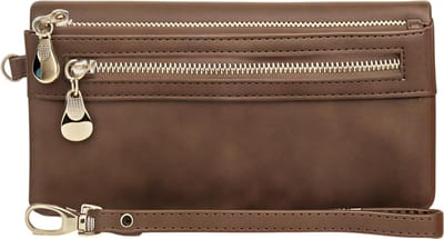 Dames Kunstleren Portemonnee Grote Capaciteit – Koffie – Dubbele Ritssluiting Clutch Schoudertasje – Multifunctionele Telefoon Portemonnee met Muntvak, Kaarthouder en Meerdere Zakken