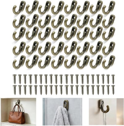 40 Stuks Mini Haakjes 16x13mm Vintage Sleutelhaken Antieke Haakjes voor Kleding, Handdoeken en Sieraden in Badkamer en Keuken