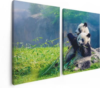 Artaza Canvas Schilderij Tweeluik Twee Panda's Eten Bamboe Riet - 120x80 - Foto Op Canvas - Canvas Print