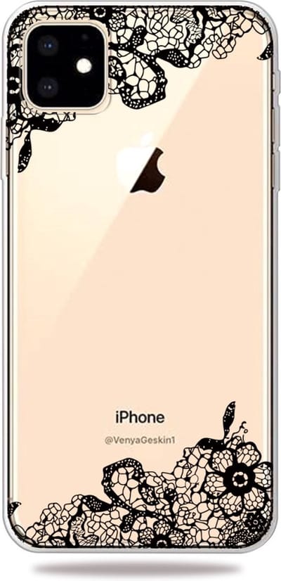 Peachy Zwart Wit Bloemen Getekend Omlijnd Creatief Hoesje geschikt voor iPhone 11 TPU case - Doorzichtig