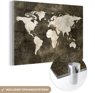 MuchoWow® Glasschilderij 60x40 cm - Schilderij acrylglas - Wereldkaart - Vintage - Sepia - Foto op glas - Schilderijen