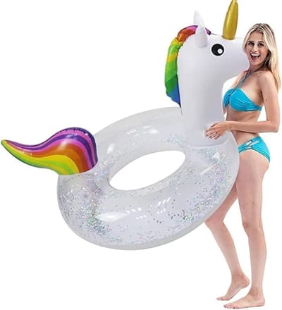 Thijox - Opblaasbare Eenhoorn Zwemring voor Kinderen en Volwassenen - Zwembad Accessoire - 85x75cm - Transparant met Glitter en Kleurrijke Manen - Per