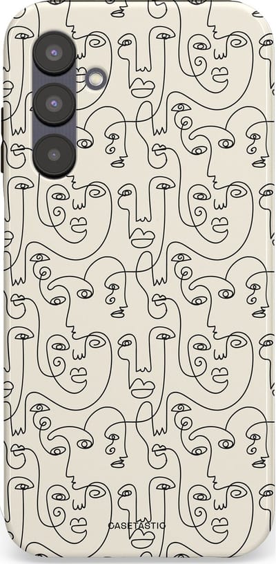Casetastic hoesje geschikt voor Samsung Galaxy A25 - Dubbellaagse bescherming - Art Deco Creme Abstractie Lijntekening Gezichten - Fashion Case - Zilver Crème Wit