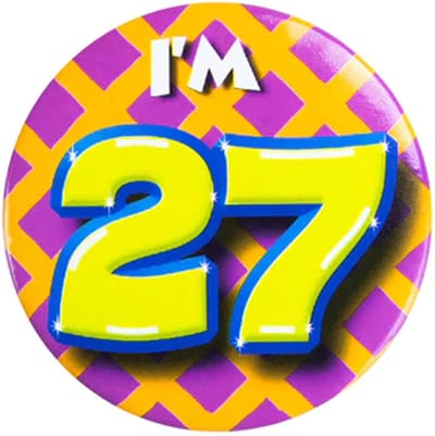 Button 27 Jaar - Button met speld (55mm) - Leeftijd badge - 27 Jaar versiering - Accessoires - Rozet I'm 27 - Verjaardag jongen / meisje / man / vrouw - Button 27 Jaar
