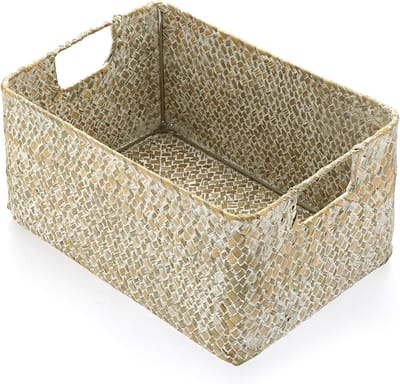 Woven Seagrass Opbergmand voor Badkamer en Bureau, Decoratieve Multifunctionele Mand voor Planken en Desks (Wit, Klein)