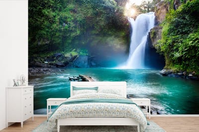 Behang - Fotobehang Waterval - Stenen - Landschap - Planten - Water - Breedte 420 cm x hoogte 280 cm