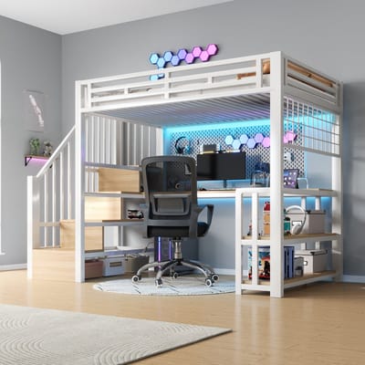 Sweiko Hoogslaper - 90 x 200 cm - Metalen frame - LED-verlichting - Met bureau - Opbergruimte - USB/Type-C - Wit