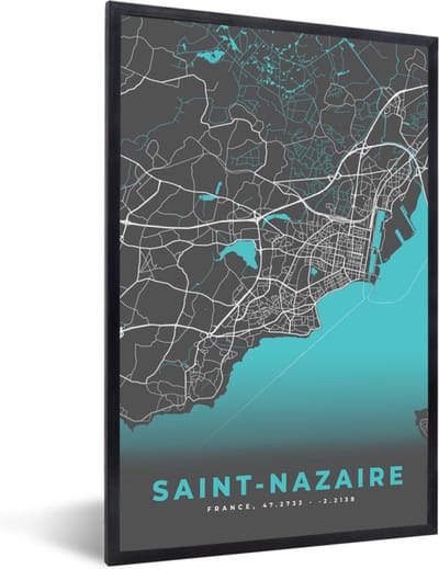 Fotolijst incl. Poster - Frankrijk – Saint-Nazaire – Stadskaart – Plattegrond – Kaart - 40x60 cm - Posterlijst