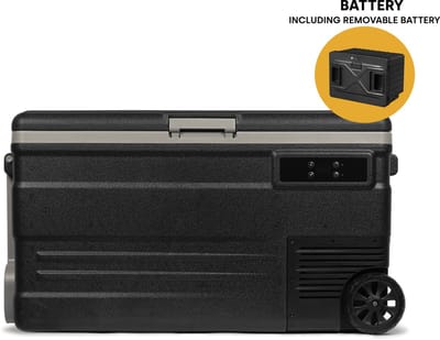 Steamy-E Single Zone Roller Elektrische Compressor Koelbox Op Wielen - Single Zone - 74 liter - 12V en 230V - Incl. uitneembare accu!- voor auto en camping - Zwart