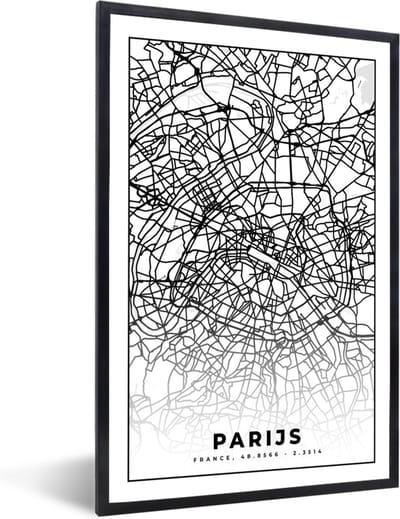 Fotolijst incl. Poster Zwart Wit- Parijs - Stadskaart - Zwart Wit - Plattegrond - Kaart - 40x60 cm - Posterlijst