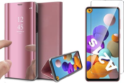 Hoesje geschikt voor Samsung Galaxy A21s - Screen Protector GlassGuard - Book Case Spiegel Roségoud & Screenprotector