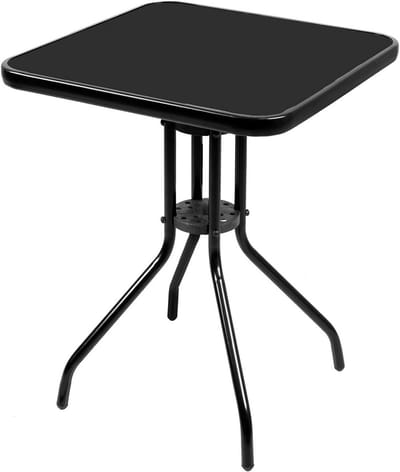 Bistrotafel Glas Metaal - Balkontafel Vierkant - Buiten Zitten - Waterbestendig Gepoedercoat - 60x60x70 cm - Zwart