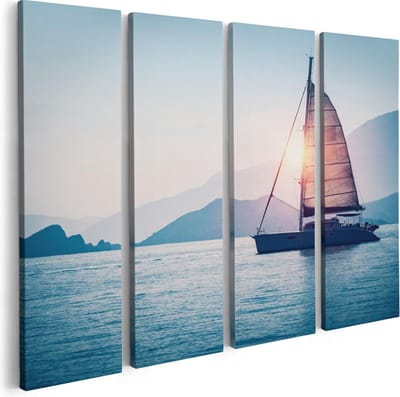 Artaza Canvas Schilderij Vierluik Zeilboot bij Zonsondergang - 80x60 cm - Wanddecoratie Woonkamer - Schilderijen - Muurdecoratie