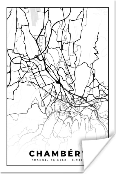 Poster Kaart - Stadskaart - Frankrijk - Chambéry - Plattegrond - Zwart wit - 120x180 cm XXL