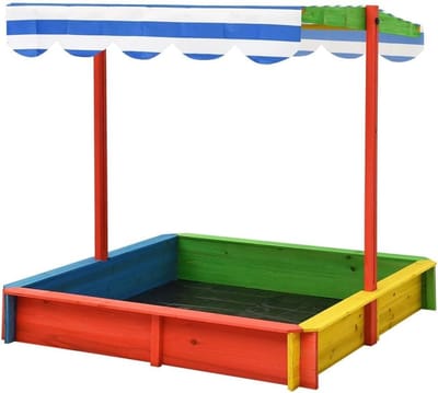 Houten Zandbak - Speelbak Zand - Buiten Spelen - UV-Beschermend Dak - 115 x 115 x 115 cm - Meerkleurig