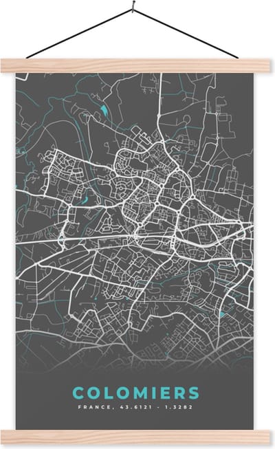 Posterhanger incl. Poster 40x60 cm - Schoolplaat - Colomiers - Frankrijk - Stadskaart - Kaart - Plattegrond - Textielposter - Blanke latten - Stadskaart