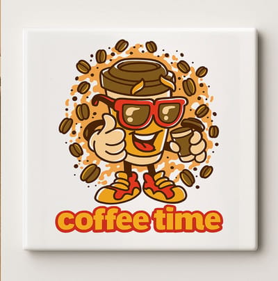 Grappige “Coffee Time” Keramische Tegel 15x15 cm – Retro Cartoon Koffiebeker Ontwerp, Perfecte Muurdecoratie voor Keuken of Café