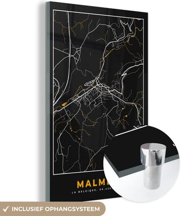 MuchoWow® Glasschilderij 120x180 cm - Schilderij acrylglas - Malmedy - Goud - Plattegrond - Kaart - Stadskaart - Foto op glas - Schilderijen