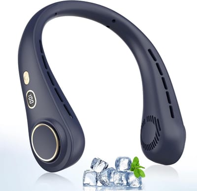draagbare nekventilator, USB-fan-a met LED-display, 5-versnellingsbak, 1800 mAh zonder stille mes persoon ventilator ketting, voor buitenkeukenkamperenbureau (blauw)