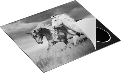 Chefcare Inductie Beschermer Bruin en Wit Paard in de Wei - Zwart Wit - 60x50 cm - Afdekplaat Inductie - Kookplaat Beschermer - Inductie Mat