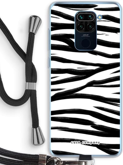 Case Company® - Hoesje met koord geschikt voor Xiaomi Redmi Note 9 hoesje met Koord - Zebra pattern - Telefoonhoesje met Zwart Koord - Bescherming aan alle Kanten en Over de Schermrand