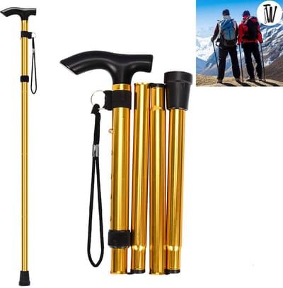 Kwaliteit Wandelstok - Verstelbaar en Opvouwbaar - Wandelstokken -Trekking - Loopstok - Hiking -Universele opvouwbare wandelstok - Draagbaar en lichtgewicht - 5 hoogteverstelbare instellingen - 85-95cm uitgevouwen -Opvouwbare wandelstok - goud