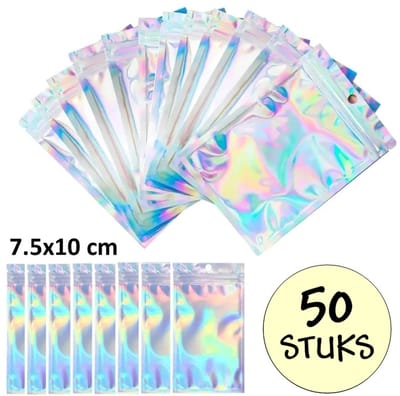 50 Holografische Folie Zip Lock Zakjes Met Gat - Hersluitbare Mylar Zakken - 7.5x10cm - Uitdeelzakjes - Transparant - Snoepzakjes - Cadeauzakjes - 50 Stuks