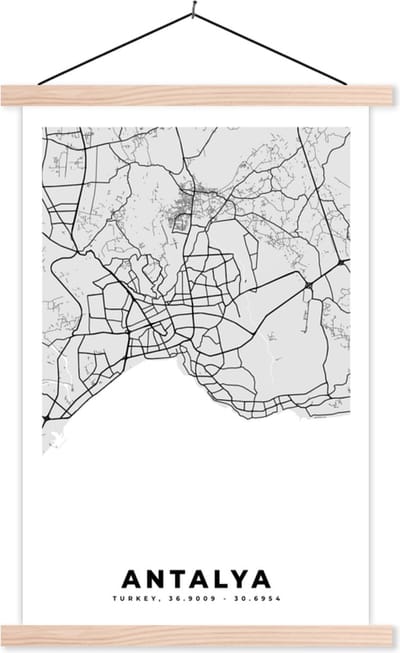 Posterhanger incl. Poster 40x60 cm - Schoolplaat - Antalya - Stadskaart - Plattegrond - Zwart Wit - Kaart - Textielposter - Blanke latten - Stadskaart