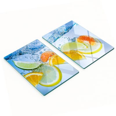 Glazen serveerplanken met afbeelding van citrusvruchten en water, 2x40x52 cm