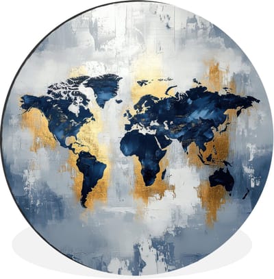 WallCircle - Wandcirkel - Muurcirkel - Wereldkaart - Blauw - Abstract - Aluminium - Dibond - 30x30 cm - Binnen en Buiten