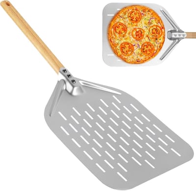 Geperforeerde Pizzaplank met Afneembare Houten Handgreep - 12 Inch - Aluminium Pizza Schuiver - Grote Pizzaschep voor Grill en Oven - RVS - Handig keukengerei - Pizza accessoire.