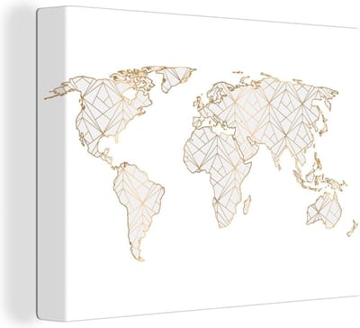 Canvas Wereldkaart - 120x90 - Wanddecoratie Wereldkaart - Lijnen - Goud