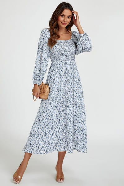Maxi-jurk met vierkante hals en bloemenprint in lichtblauw