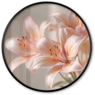 Poster in lijst Rond - Fotolijst 60x60 cm - Posters - Lelies - Meeldraden - Roze - Wazig - Ronde posterlijst zwart - Decoratie - Wanddecoratie woonkamer - Muurdecoratie slaapkamer