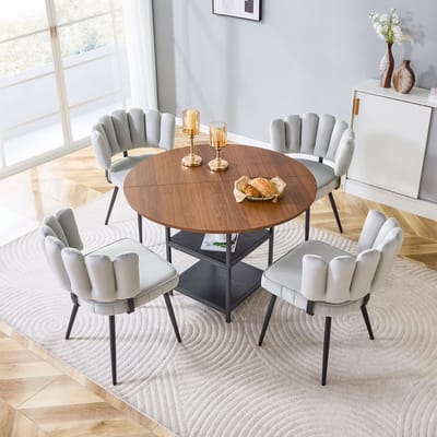 OKWISH Eethoek Set 107 Cm - Ronde Tafel Met Opbergruimte En 4 Stoelen - Kleine Ruimtes - Stof MDF Metaal - Lichtgrijs
