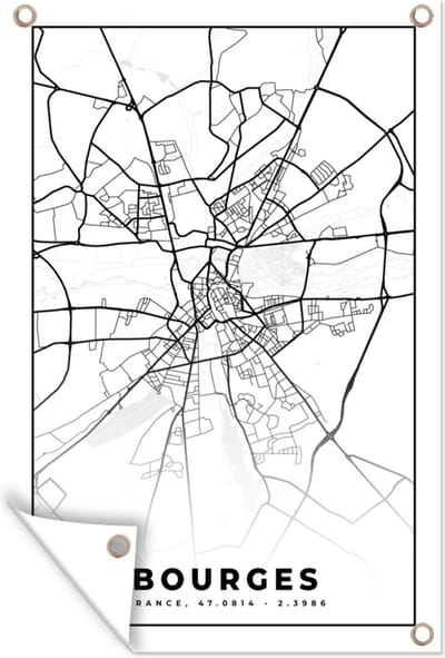 Muurdecoratie Stadskaart - Plattegrond - Bourges - Kaart - Frankrijk - Zwart wit - 120x180 cm - Tuinposter - Tuindoek