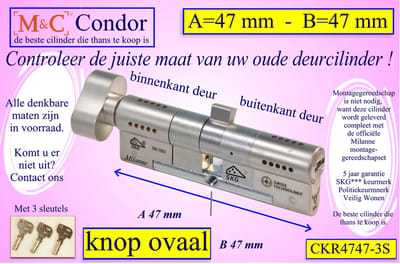M&C Condor high security cilinderslot met Knop OVAAL 47x47 mm - SKG*** - Politiekeurmerk Veilig Wonen - inclusief gereedschap montageset