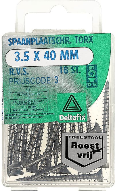 Deltafix spaanplaatschroef platkop / torx r.v.s. a2 3.5 x 40 mm 18 st.