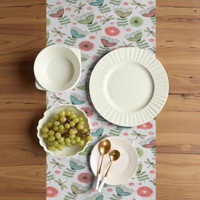 ABAKUHAUS bloemen tafelloper – Doodlekunst – 40×225 cm – wit/groen