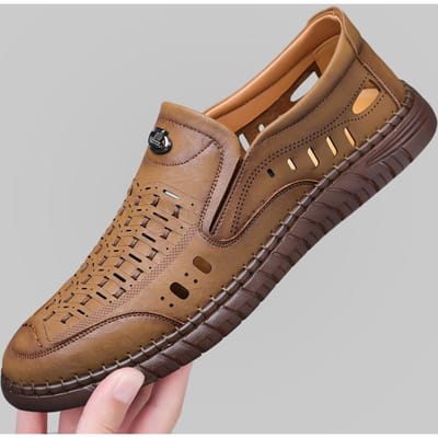 Sandalen Heren Ademende Casual Geweven Leren Sandalen Holle Gaten Schoenen Heren Grote Maat Herenschoenen 38 kaki
