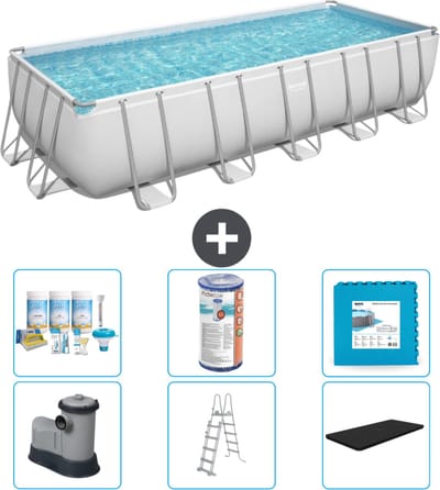 Bestway Rechthoekig Power Steel Zwembad - 640 x 274 x 132 - Grijs - Inclusief Pomp - Ladder - Afdekzeil Onderhoudspakket - Filter - Vloertegels