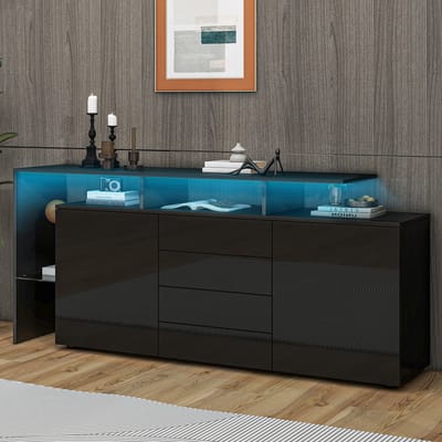 Dressoir - 140x35x72 cm - Hoogglans met LED - Modern voor Woonkamer - Hout - Zwart