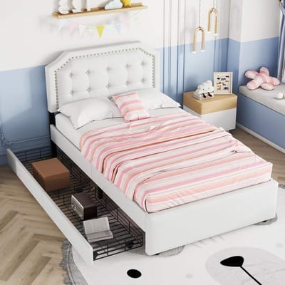 Gevoerd Bed - Platformbed met Laden - Slaapkamer Inrichting - Verstelbaar Hoofdeinde - 90x200 cm - Lichtbeige