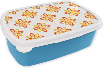Broodtrommel Blauw - Lunchbox Patroon - Jaren 70 - Bloemen - Oranje - Brooddoos 18x12x6 cm - Brood lunch box - Broodtrommels voor kinderen en volwassenen