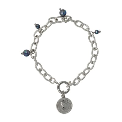 My Bendel - Schakelarmband Zilverkleurig met Muntbedel en Zwarte Parel - Zilverkleurige Schakelarmband met Zwarte Parel Bedels - met Luxe Cadeauverpakking | Sieraden Voor Dames