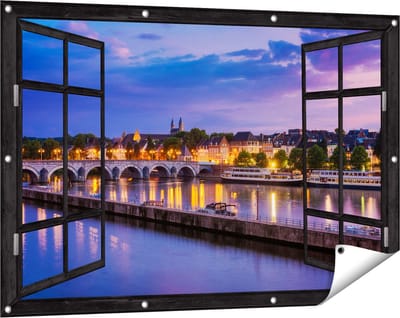Gards Tuinposter Doorkijk Maastricht Maas Rivier bij de Sint Servaasbrug - 120x80 cm - Tuindoek - Tuindecoratie - Wanddecoratie buiten - Tuinschilderij