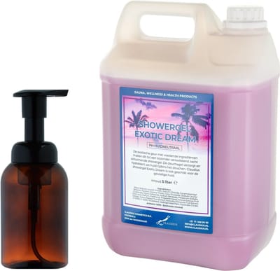 Zeepdispenser 300 ml amber bruin hervulbaar + 5 liter Showergel Exotic Dream navulling